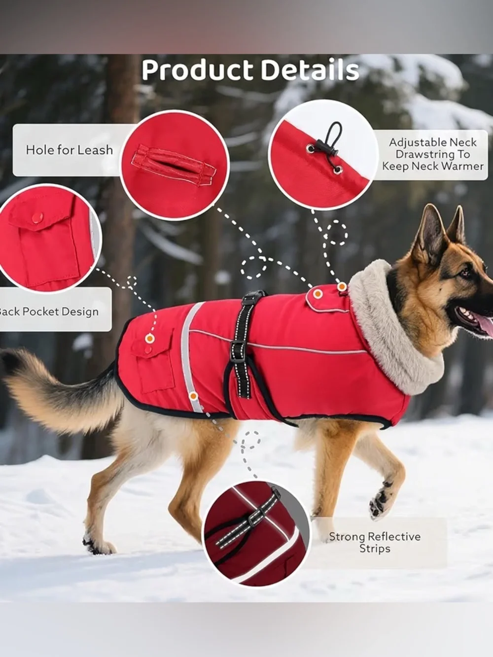 NEW-Dog- Large Red Faux-Fur Collar  Reflective, safety Dog Winter Coat -